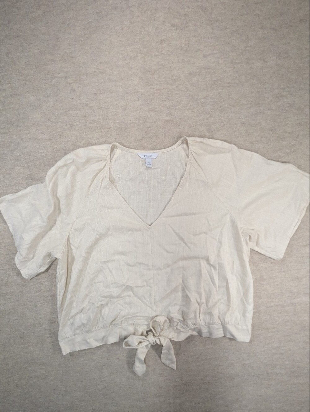 Nine West Cream Cropped V Neck Tie Front Linen Blend Blouse Shirt Neutral XXL